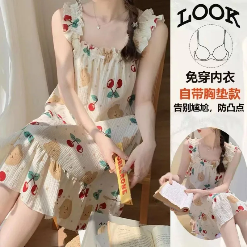 Women Nightdress Lady Chest Pad Sleeveless Loose Fit Pajamas Girl Student Spring Autumn Plus Size Mid-Length Homewear Nightdress