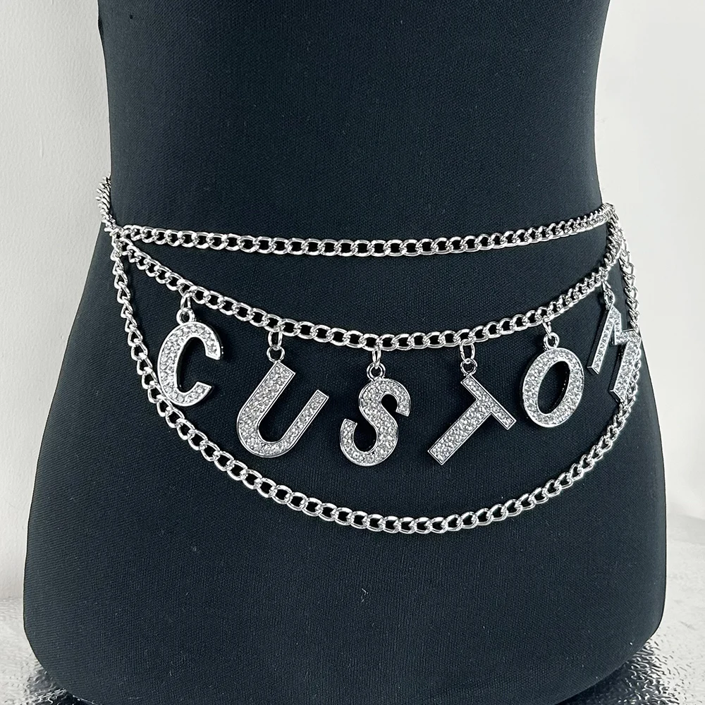 Kristall Benutzerdefinierte DIY Große Buchstaben Taille Kette Gürtel Sexy Frauen Strass Aussage Name Brief Körper Kette Cosplay Zubehör Geschenk