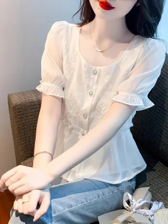 

Faionable ort Sve Square Collar Bubble Sve Chiffon irt Women's Waist-Cinching Skirt Sle Top Korean Version Slim...