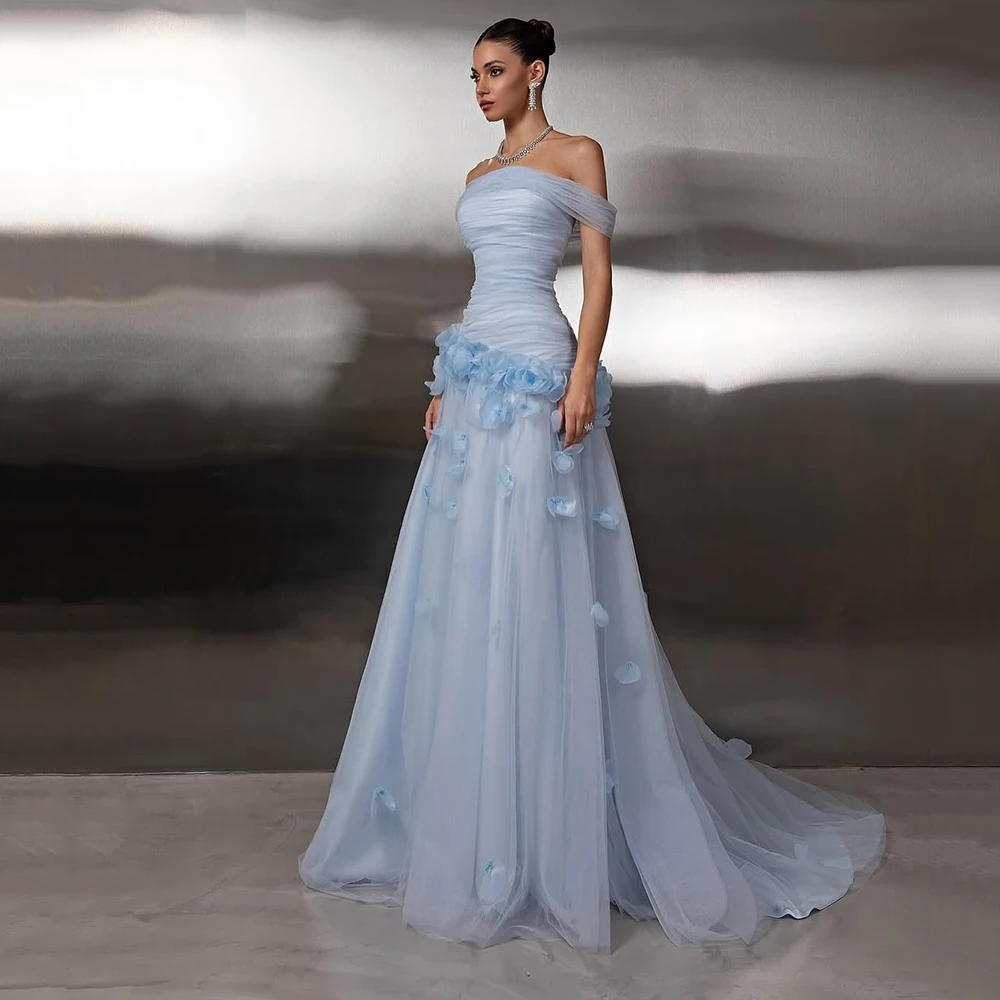 

Небесно-голубое тюлевое вечернее платье с открытыми плечами по индивидуальному заказу, вечернее платье без рукавов со шлейфом, трапециевидное платье для выпускного вечера в пол