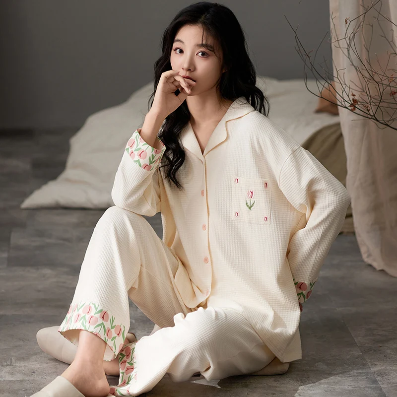 Flower Sweet Pajamas Set Women Cute Kawaii Long Sleeves Long Pants Autumn Winter Girls Sleepwear Cozy Pyjamas Soft Pijamas Pjs