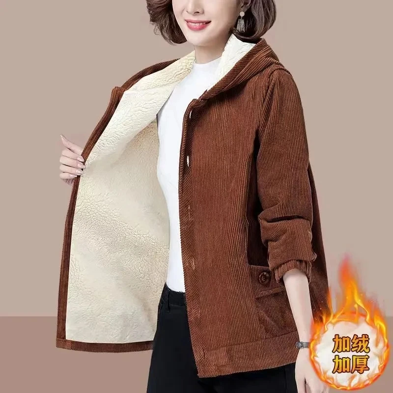 2023 Autumn Winter New Corduroy Coat 5xl Women\'s Hooded Jacket Warm Thicken Loose Long Sleeve Outerwear Female Casual Clothing