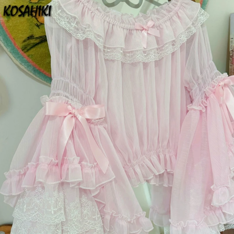 Japanese Lolita Flare Sleeve Sweet Bow Shirt Y2k Aesthetic Slash Neck Lace Patchwork Blouse Women Loose Grunge Ruffled Blusas