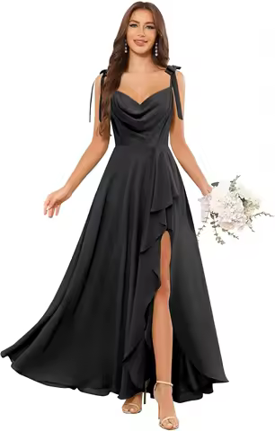 New Chiffon Women's Bow Strap Bridesmaid Dress Fine Ruffle Evening Dress Fine Strap Formal Dress Evening Dress FashionBall Dress