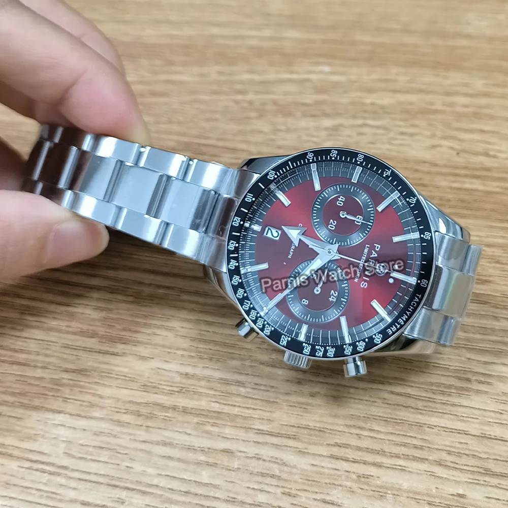 Parnis 40mm quadrante rosso lunetta nera cronografo al quarzo orologio da uomo cinturino in acciaio inossidabile da uomo orologi sportivi