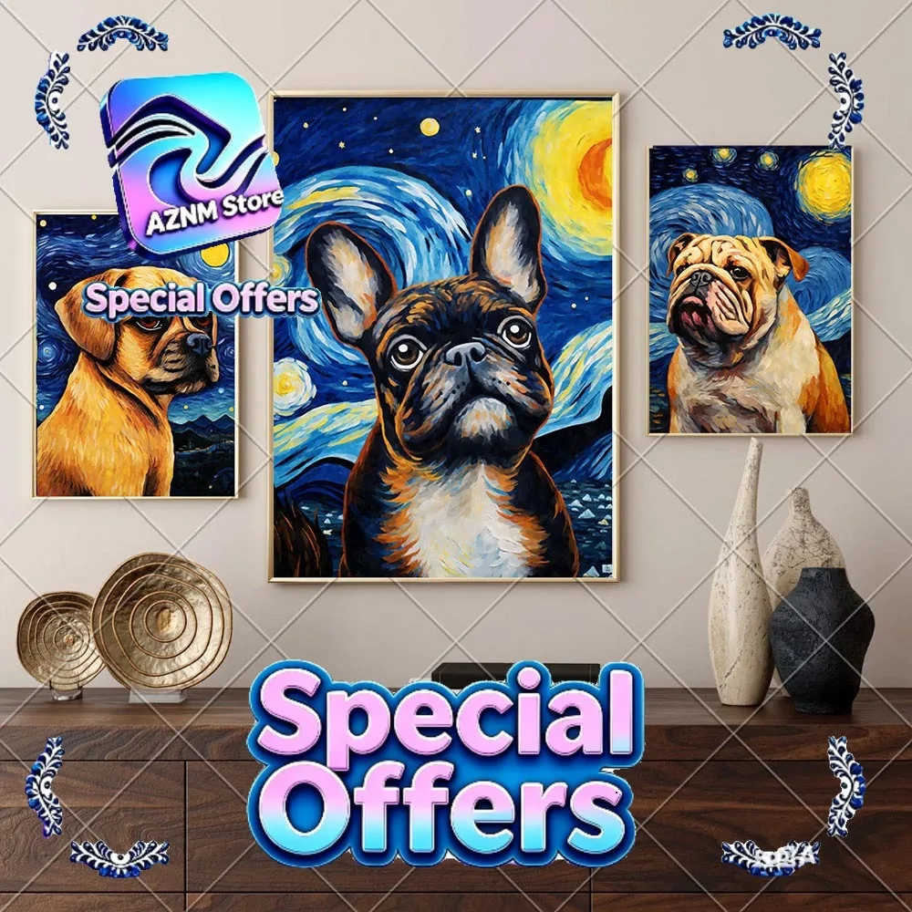 Póster de Lienzo de Noche Estrellada con Perro Puggle, Arte de Pared, Impresiones de Pósteres de Perros, Bulldog, Labradoodle, Decoración del Hogar