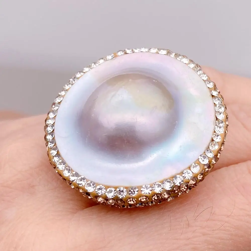 YYGEM 35mm Natural Silver Gray Mabe Pearl Crystal Pave Ring Adjustable Ring Gift For Women