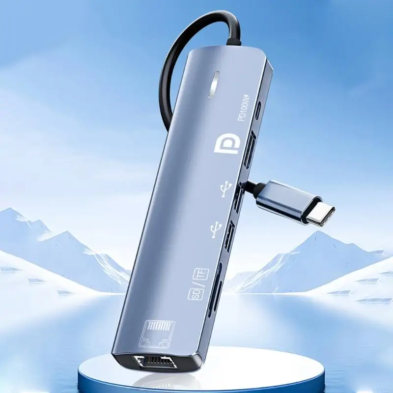 

7 In 1 USB Type C Extension Device With UHD DisplayPort Output Fast Power Supply Ethernet Slot USB And Storage Card Reader F19E