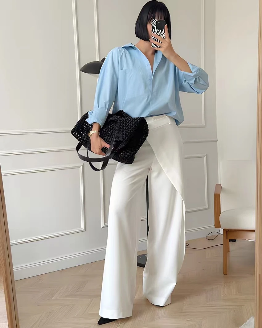 High Waist Wide Leg Pants Asymmetric Casual Trousers Faionable Autumnal Divided Trousers Commute Sle Ladies' Pants