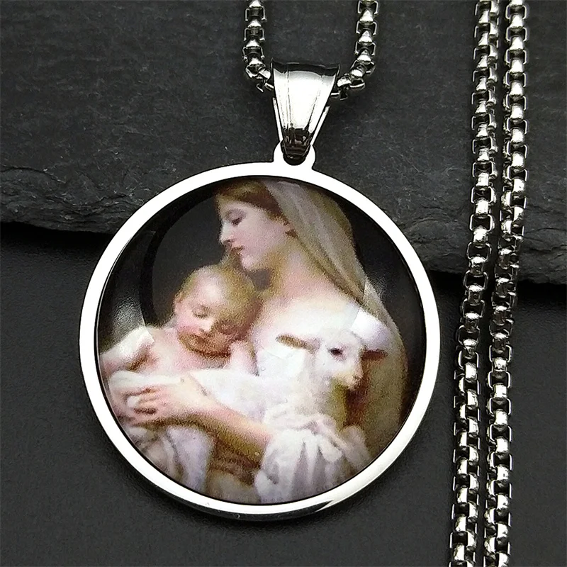 Virgin Mary Hold Baby Medal Stainless Steel Glass Necklace for Women Men Catholic Mother Talisman Protection Jewelry Gift