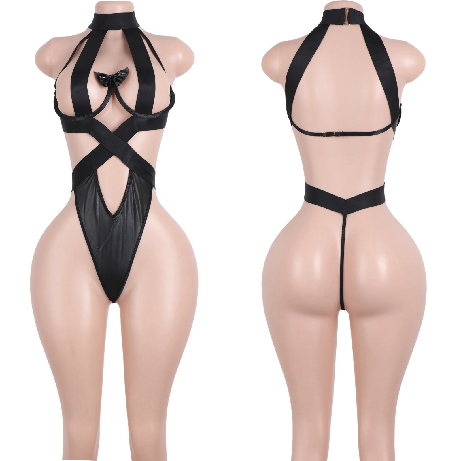 

Patent Leather Bodysuit Halter Thong Lingerie Bow Tie Women's Exotic Dance Performance Wear Adults Stripper Sexy Clubwear Outfit