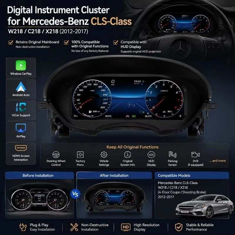 Full Smart 12.3Inch LCD Digital Dashboard Benz W218 C218 X218 Wireless CarPlay Android Auto Support HUD Display Plug Play
