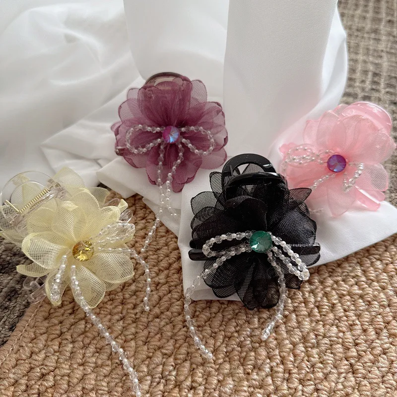 

Mocha Garden – Crystal-Tulle Bloom Tassel Claw Clip, Hair Clip