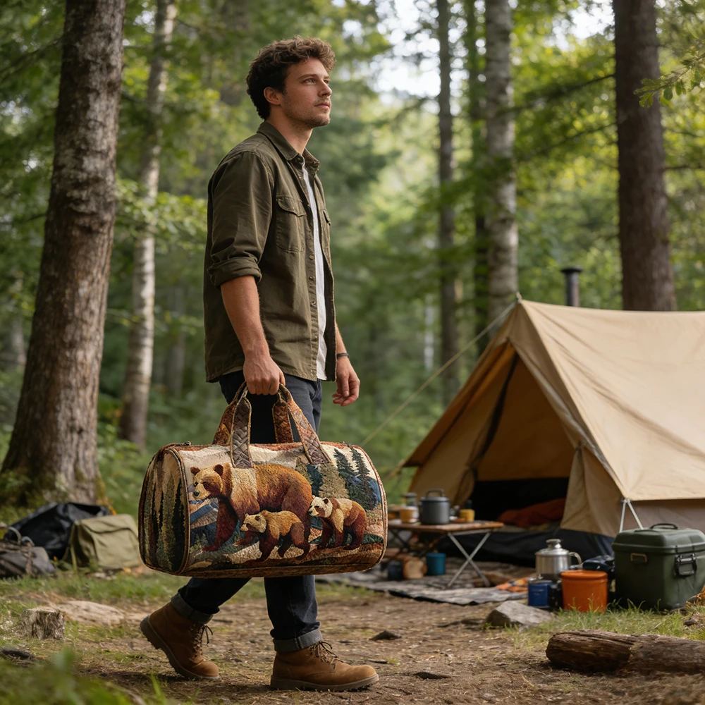 

3D Quilted Bear Print Duffel Bag Mother Baby Bears Forest Mountain Travel Bag Top Handles for Camping Hiking Carry-On Luggage