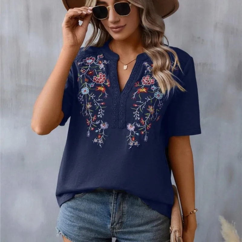 

New Fashion Embroidery Spliced Lace Top Women's Summer T-shirt Retro Ethnic Style Casual Loose Pullover Daily Blouses Femme 2024