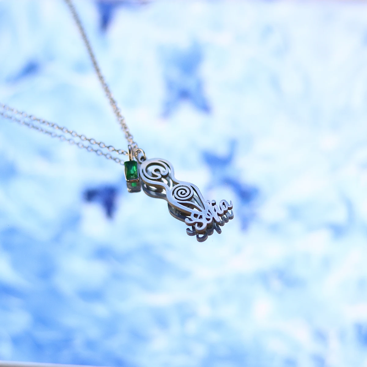 Chandler Elegant Custom Name Spiral Goddess Necklace Silver Tone with Green Zircon Feminine Fertility Jewelry Charms For Women