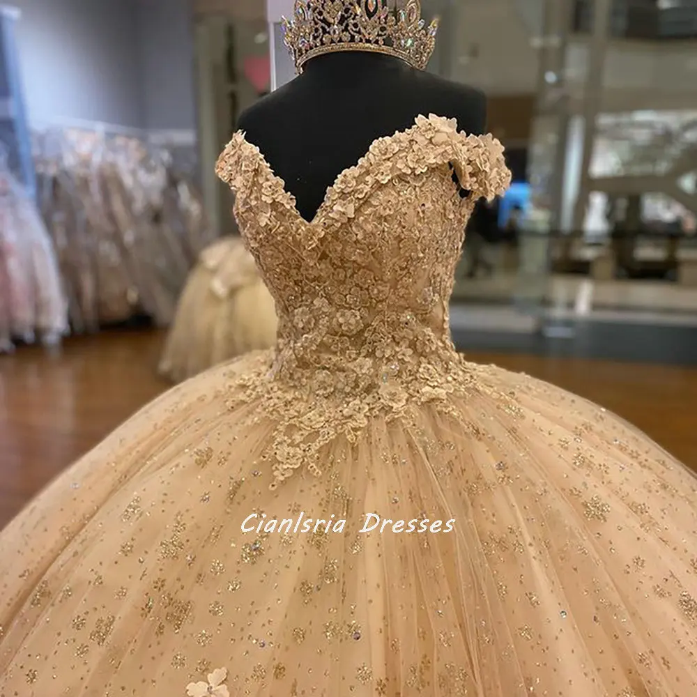 Rose Gold Shiny Crystal Floral Appliques Quinceanera Dresses Ball Gown Off The Shoulder Handmade Flowers Sweet 15 Party Wear