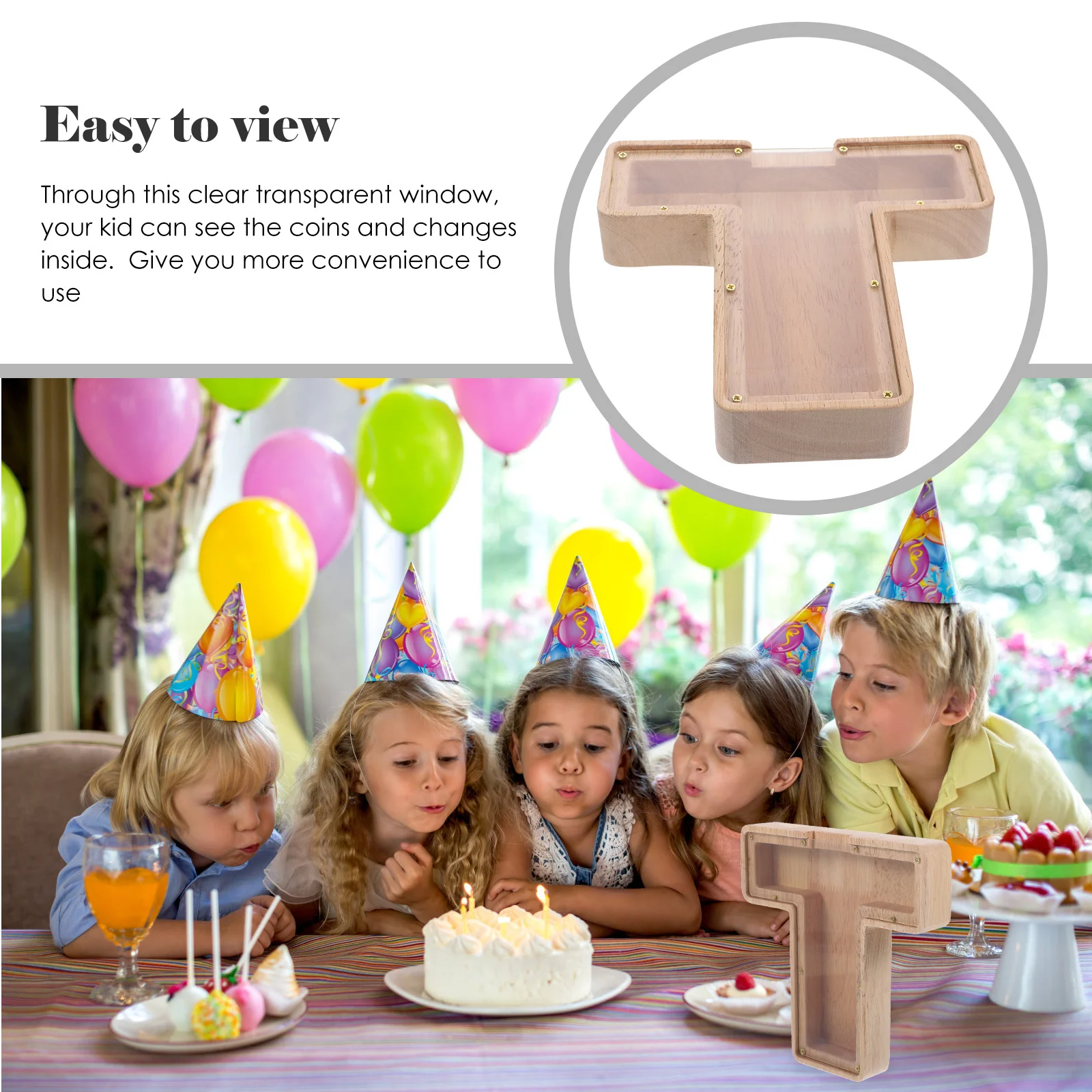 

Letter Piggy Bank Wooden Money Box Safe Solid Wood Transparent Glass Saving Pot Kids Coin Bank Decor Nursery Gift