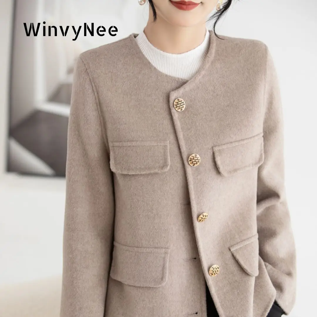 

WinvyNee Winter Short Women‘s Wool Short Coats with Buttons Pockets Gray Wool O Neck Woolen Elegant Coats for Women H1643020
