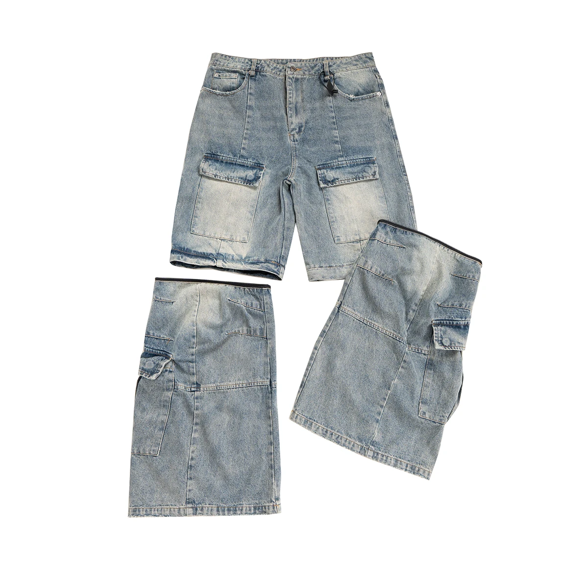 Vintage Washed Detachable Flared Cargos Mens Straight Casual Baggy Overalls Oversized Streetwear Boot Cut Black Color Trousers