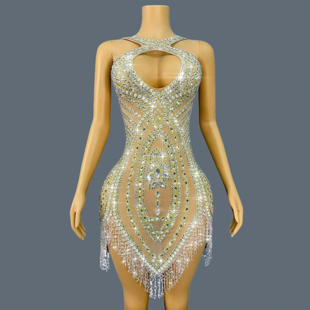 

Elegant Cocktail Dress Crystals Tassel Deep V Neck Mini Dress Gala Prom Celebrity Dresses Luxury Bodycon Sleeveless Dress Wuqu