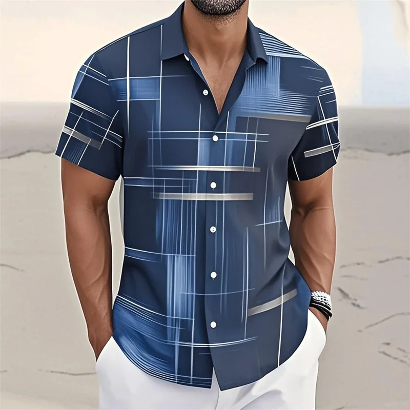 

Geometric plaid men's button short sleeve breathable casual fashion outdoor vacation street trend 3D printing lapel shirt