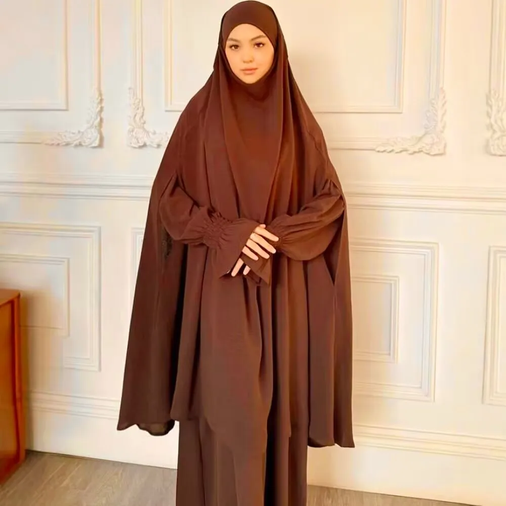 2PCS Muslim Abayas Hijab Prayer Dress Women Jilbabs Kaftan Islamic Dubai Saudi Robe Turkish Modesty Khimar Jalabiya Eid Djellaba