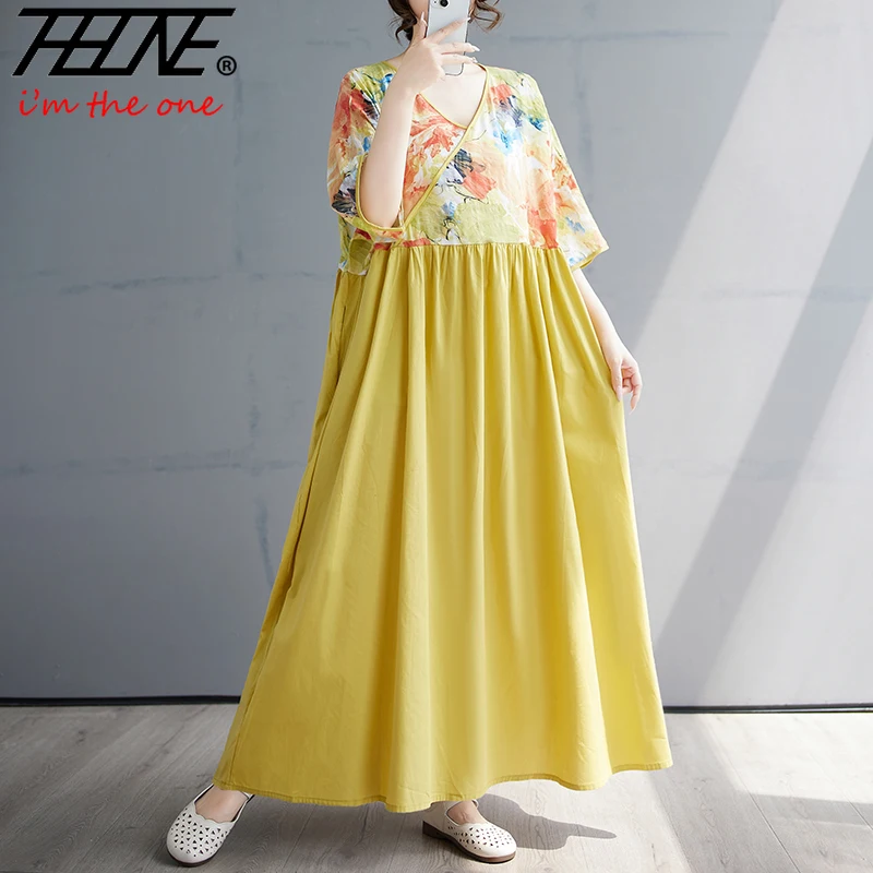 90KG Plus Size Dress for Women Summer Floral Casual Korean Style Loose Vintage Vestidos Para Mujer Robe Print Oversized Dresses