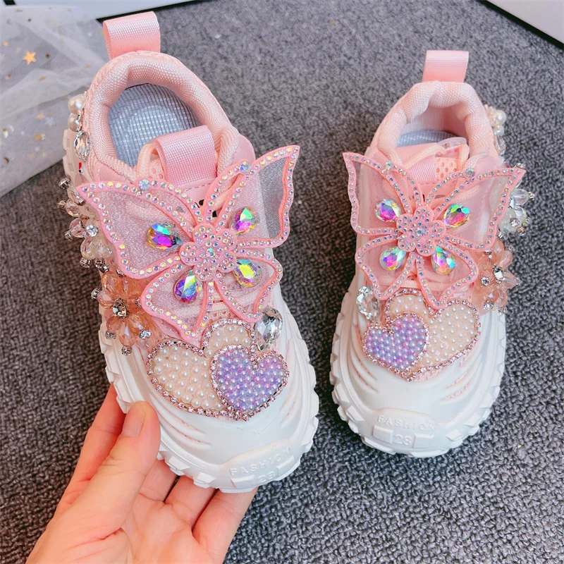 Tênis princesa de strass infantil, esportes de lazer ao ar livre, tênis branco para crianças, moda infantil, primavera