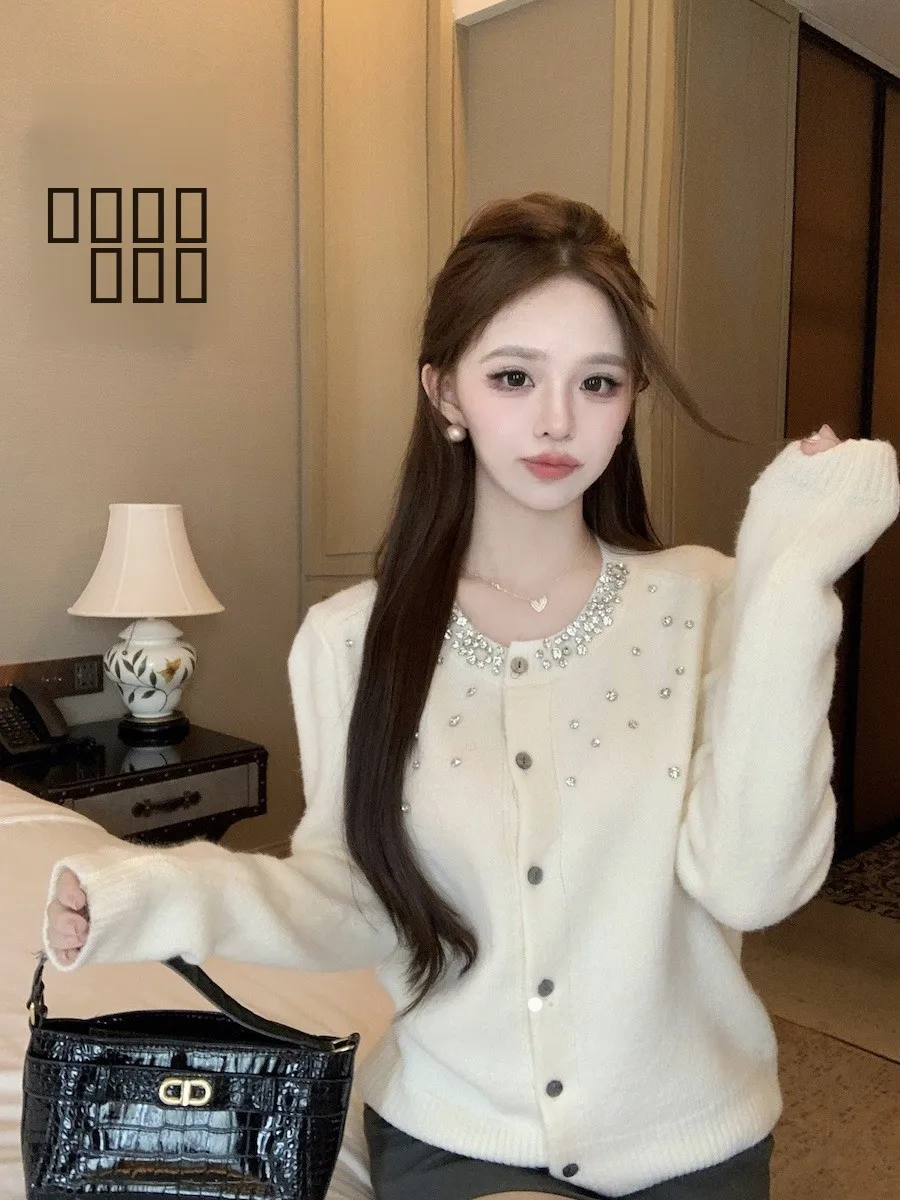 

Winter New Heavy Diamond Embedded Women's Sweater Loose Fit Faion Knitted Cardigan Long Sve round Ne Top Coat