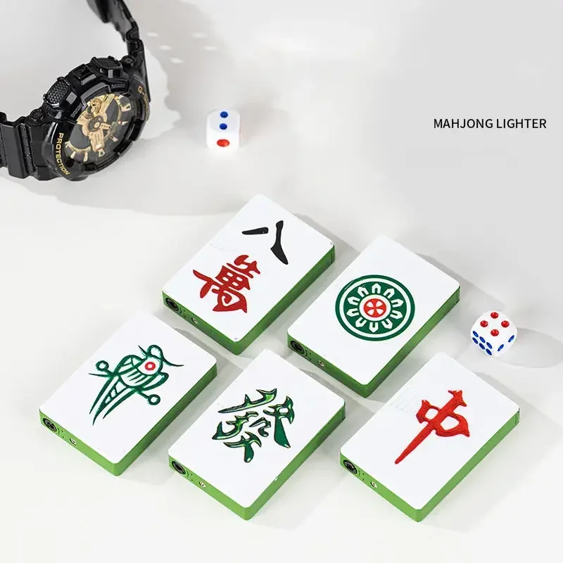 Chinese Trend Mahjong Elements Portable Metal Filled Gas Type Green Flame Direct Blast Windproof Lighter