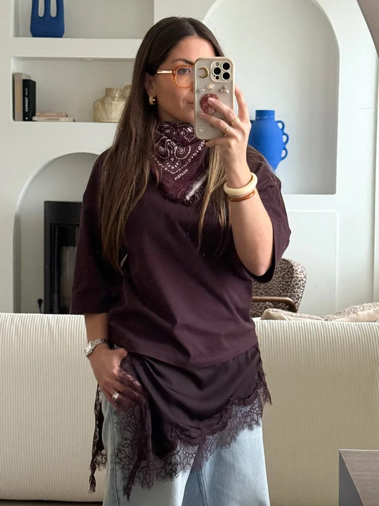 

HH Woman Spring Fashion Round Collar Short Sleeves Asymmetrical Splice Lace Decoration T-shirt Female Chic Casual Solid Tops