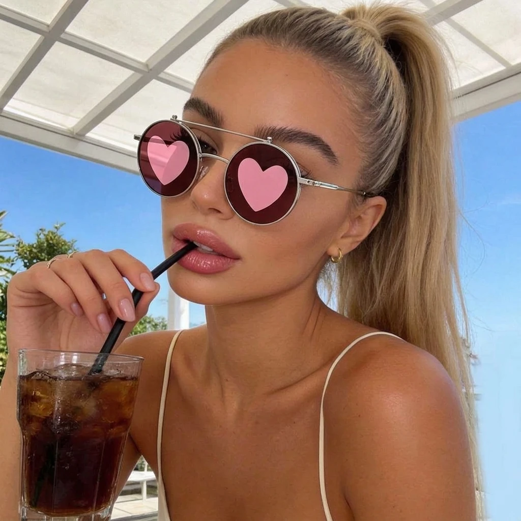 Sweet Cool Heart Flip-Up Sunglasses, Double Layer Lens Design, Trendy Ins Street Style Statement Sunglasses 2065