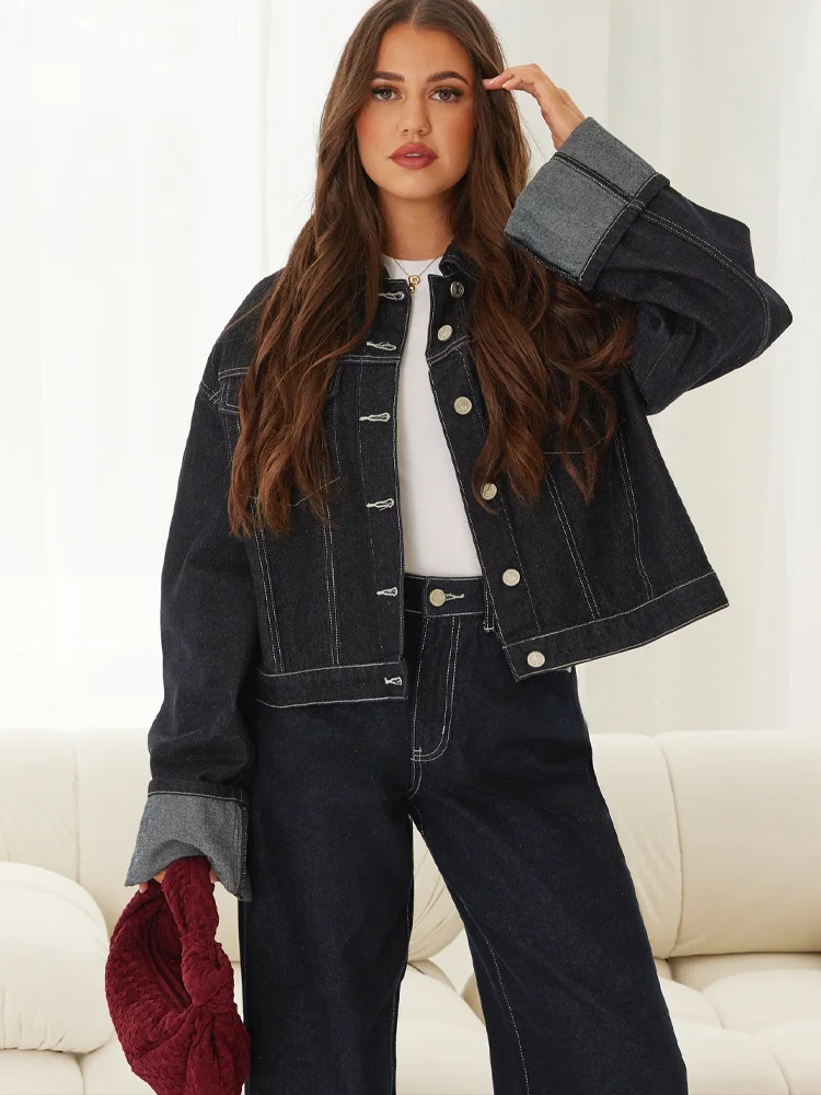 HH TRAF Women 2 Piece Set New Turn Down Collar Single Breasted Rolled Sleeves Denim Jacket+Elegant Rolled Hems High Street Jeans