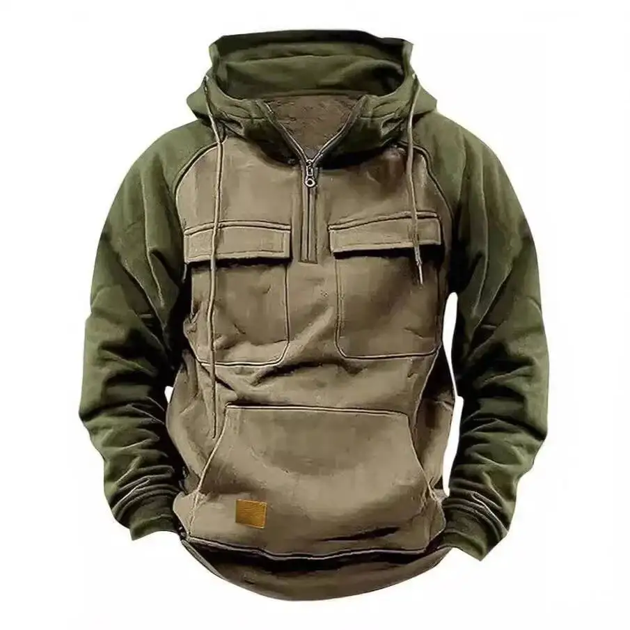 Men's Hoodie Sweatshirt Zipper Pockets Workwear Retro Color Block Winter Sports Cap Sleeve Loose Fit Casual Streetwear