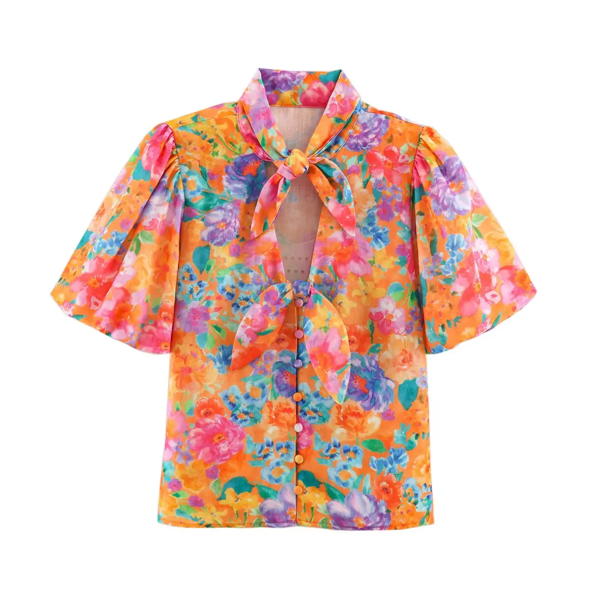 DUOPERI Women Orange Floral Print Bow Decor Blouse Puff Half Sleeve Top Female Chic Lady Casual Vacation Shirt