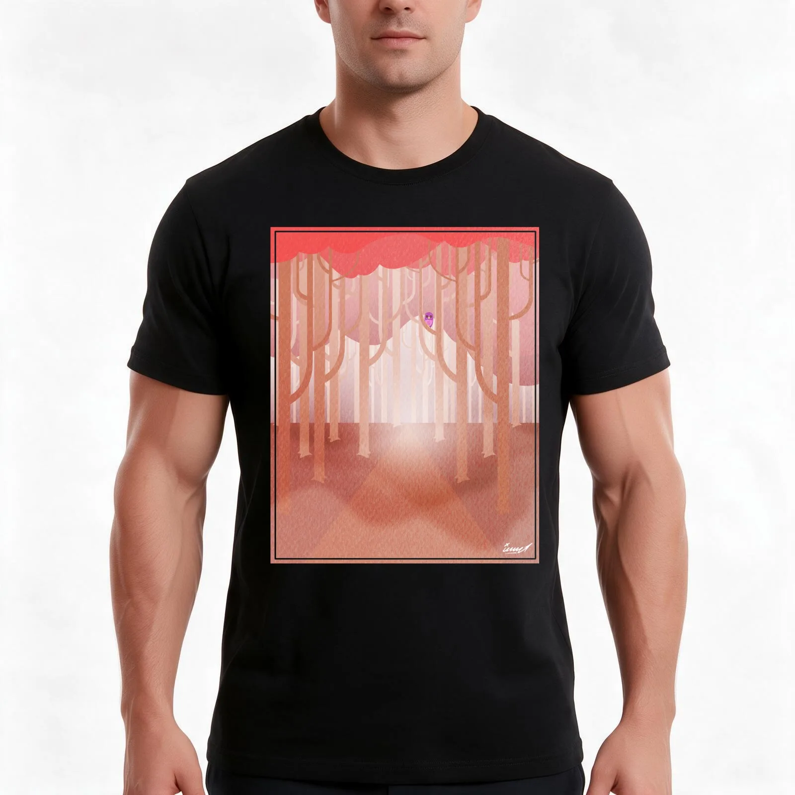Misty Forest T-Shirt, Summer Casual Cotton Tee, Oversized Streetwear Tops, Vintage Graphic Print, Loose Fit Short Sleeve