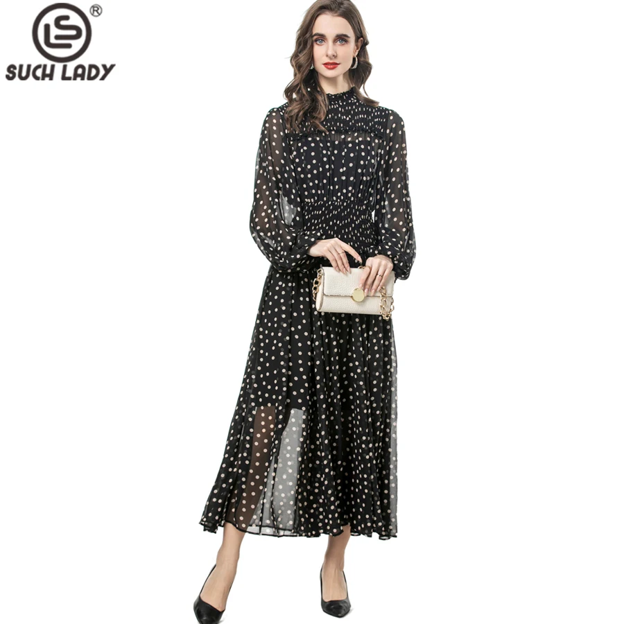 

Women's Dresses Stand Collar Long Lantern Sleeves Polka Dots Printed Elastic Waist Elegant Fashion Casual Vestidos