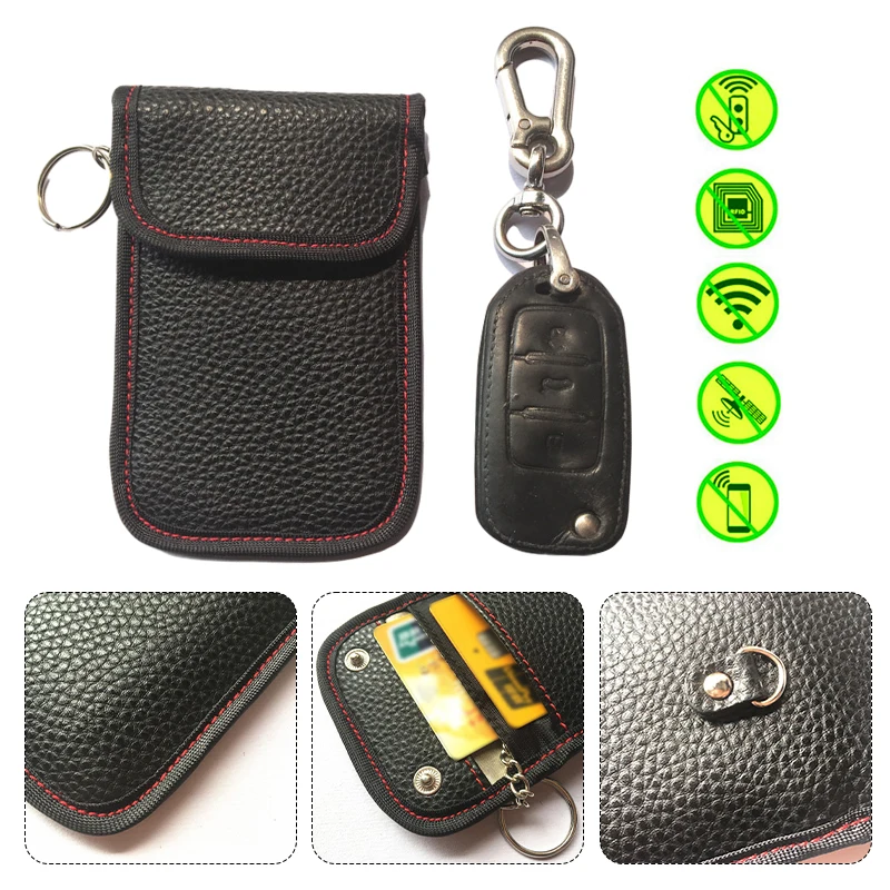 Leather Car Key Storage Bag Faraday Car Key Case FOB RFID Signal Blocker Phone Anti-tracking Shield Credit Card Theft Protection