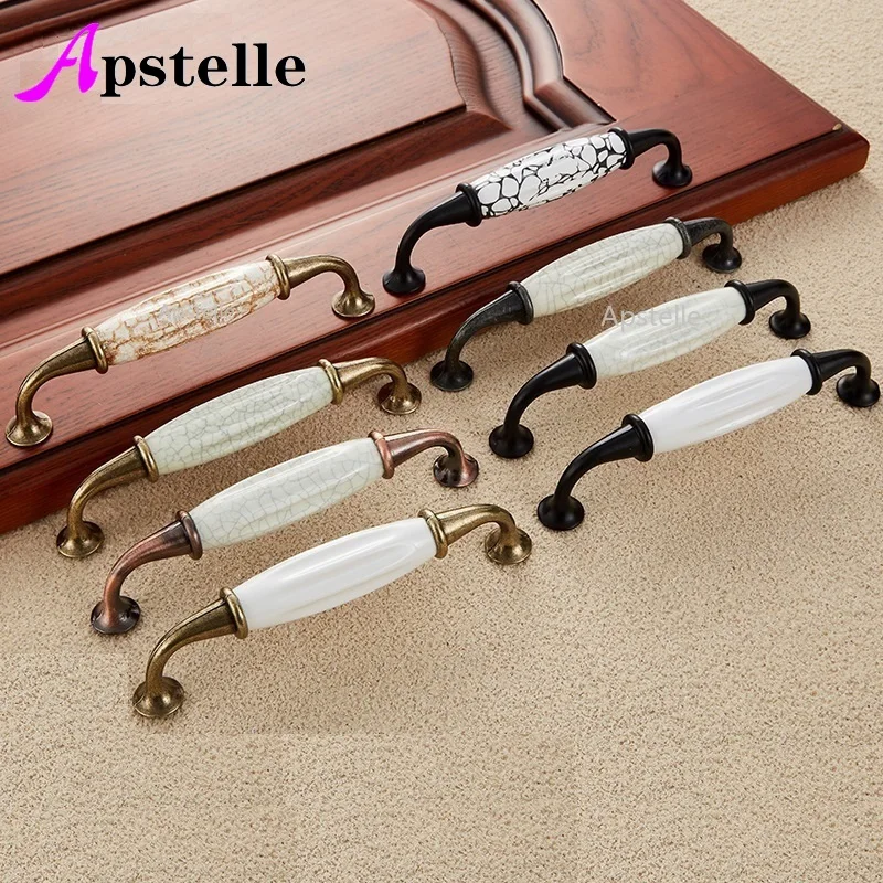 Apstelle Bronze Ivory White Wardrobe Dresser Handles Zinc Ceramic Retro Diamond Kitchen Cupboard Hardware Cabinet Drawer Pulls