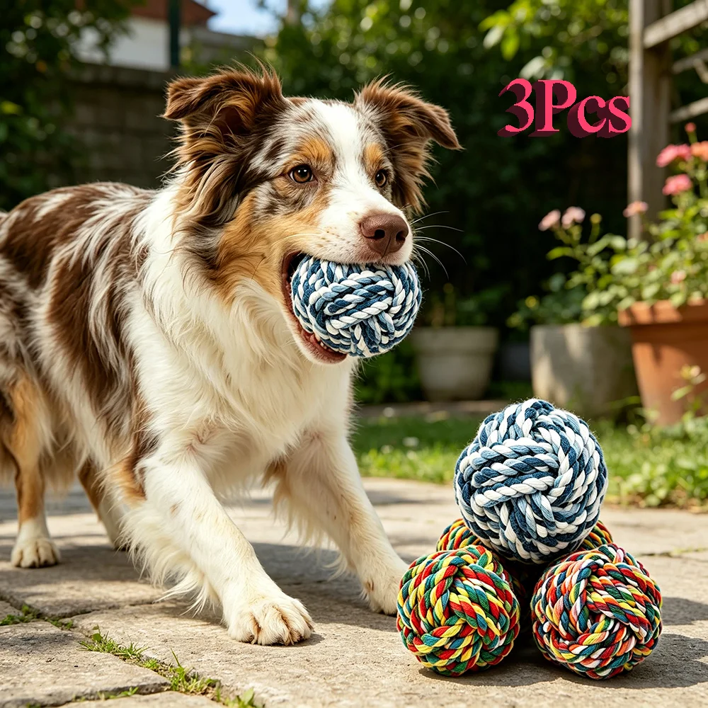 3er-Pack Hunde-Seilball-Spielzeuge Bunte Geknotete Baumwollseil-Kauspielzeuge für Kleine und Mittelgroße Hunde Zahnreinigung Interaktive Haustier-Spielbälle