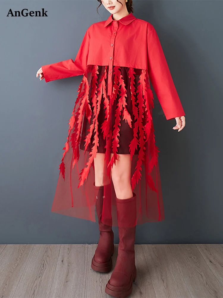 Sukienki damskie w stylu vintage z siateczkowymi wstawkami, czerwone, nowe, z długim rękawem, luźne, codzienne sukienki midi, eleganckie ubrania, wiosna jesień 2026