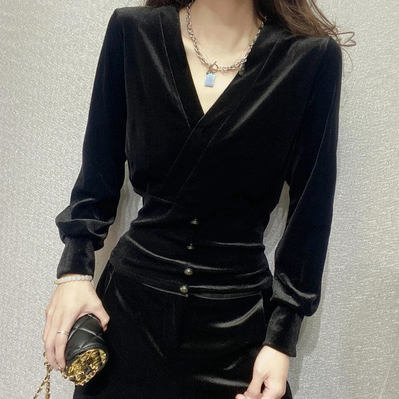 Women Clothing Vintage V Neck Simplicity Pullovers Top Spring Autumn New Long Sleeve Solid Elegant T Shirts Fashion Office Trend