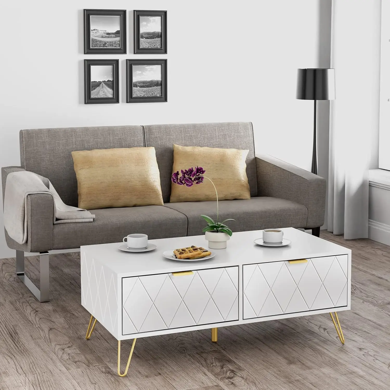 39.4'' Coffee Table with Large Drawers & 2 Open Storage Shelves, White Modern Coffee Tables with Gold Metal Handles