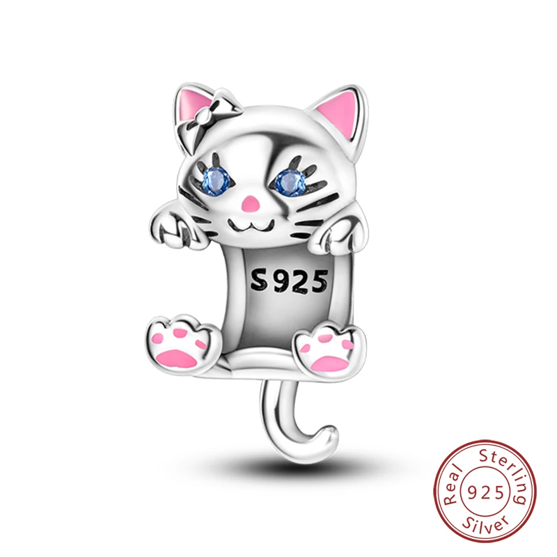 

925 Sterling Silver Pink Cute Cat Charms Beads Fit Pandora 925 Original Bracelets DIY Jewelry