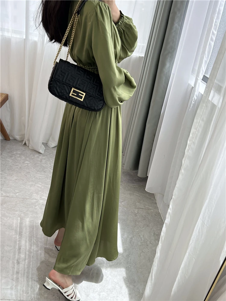 Satin dress Hanging Dress 2024 Spring New V-neck Long Sleeve Waist Fold Satin Long Dress French Style