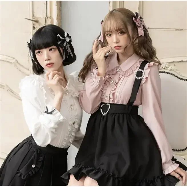 Japanse Schattige Dames Lange Mouwen Strik Shirt Herfst Lieve Meisjes Diamanten Gesp Prachtige Blouse Shirt Lolita Tops