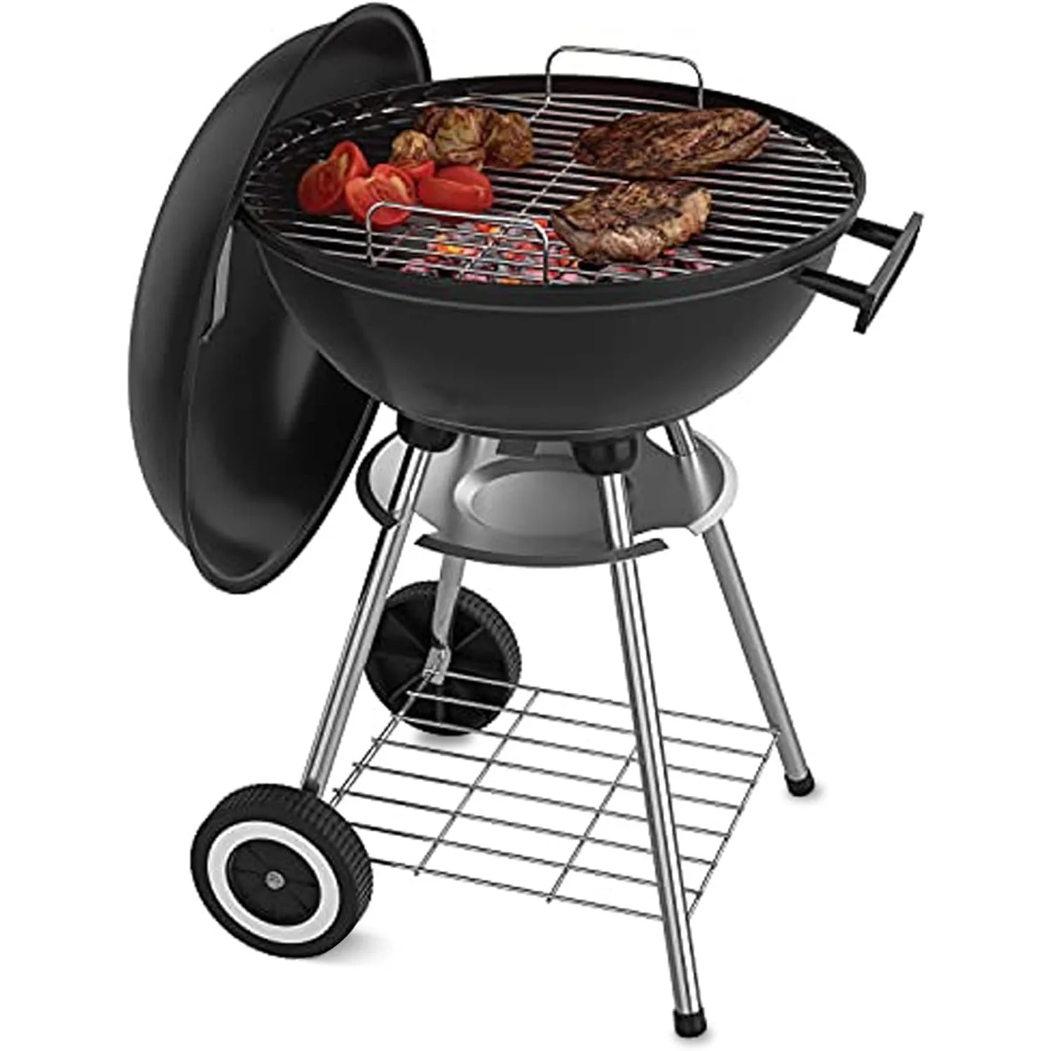 

18 Inch Portable Charcoal Grill with 4 Legs and Wheels for Outdoor Cooking Barbecue Camping BBQ Coal Kettle - Heavy Duty Round