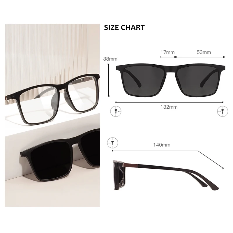 Men and Women Square Full Rim Glasses Frame Polarized Clip on Sunglasses With Colorful Clip Ons For Prescription Lenses