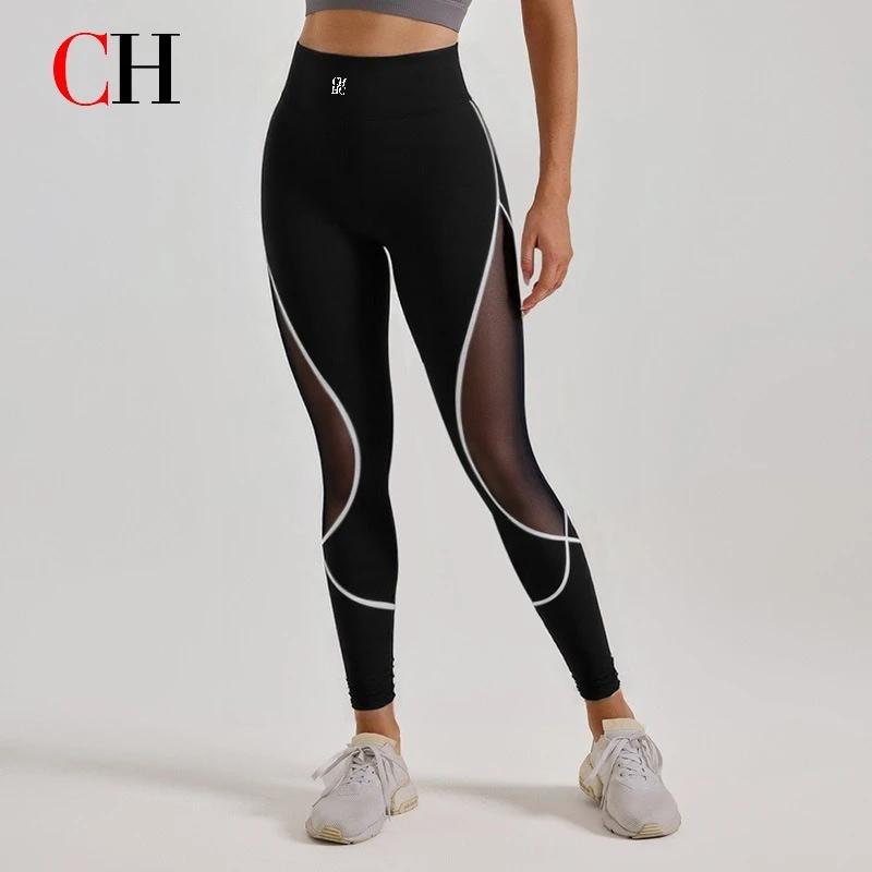 CH Women High Waist Yoga Leggings Mesh Panel Workout Pants Slim Fit Fitness Gym Running Sports Tights Activewear